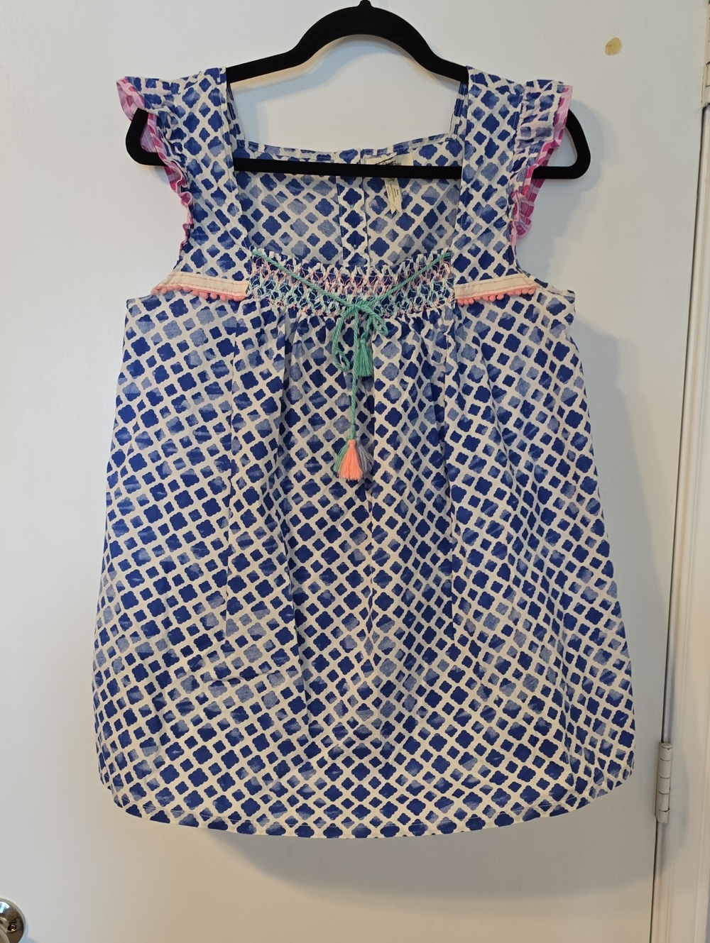 Matilda Jane Blue and White Diamond Print Girls' Dress with Pink Accents